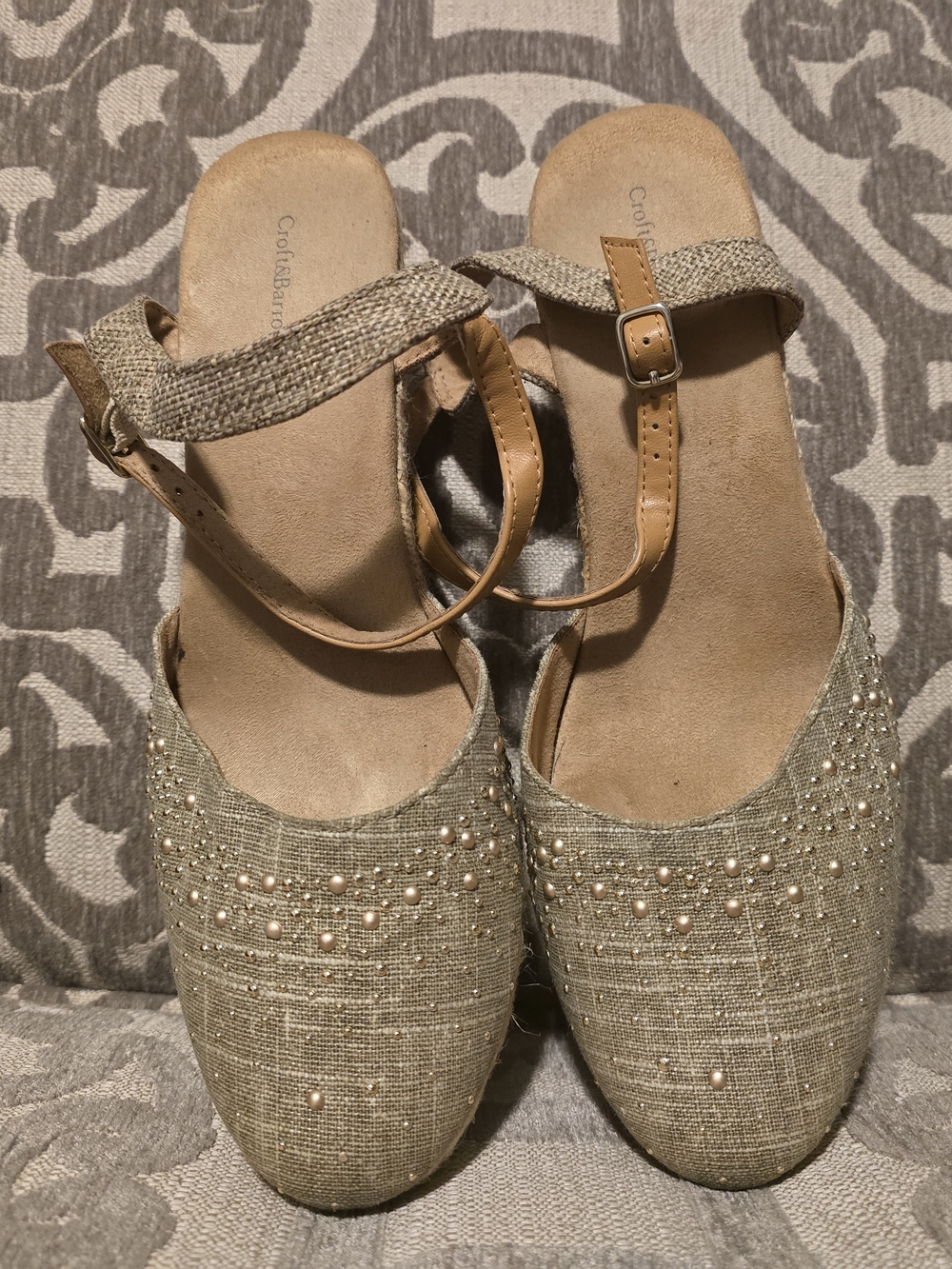 croft & barrow Tan Linen Pearl-Embellished Mule Clogs